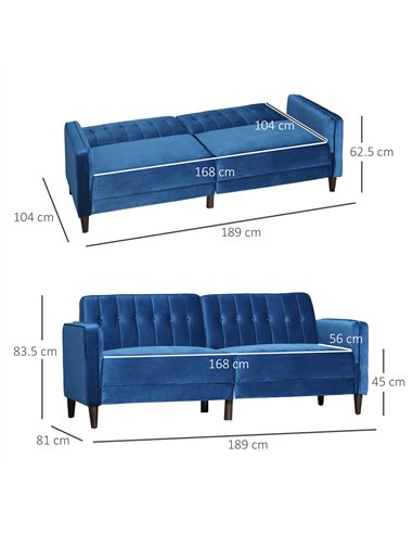 HOMCOM Modern 3 Seater Velvet Sofa Bed, Click Clack Sofa Bed, Button Tufted Sleeper Couch with Split Reclining Backrest and Rubb