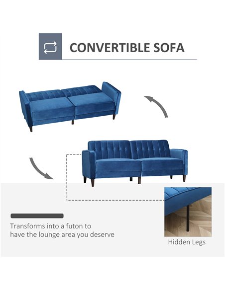 HOMCOM Modern 3 Seater Velvet Sofa Bed, Click Clack Sofa Bed, Button Tufted Sleeper Couch with Split Reclining Backrest and Rubb - pic 126744 | FastDaddyshop