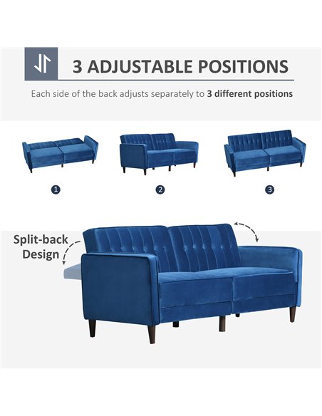 HOMCOM Modern 3 Seater Velvet Sofa Bed, Click Clack Sofa Bed, Button Tufted Sleeper Couch with Split Reclining Backrest and Rubb - pic 126745 | FastDaddyshop