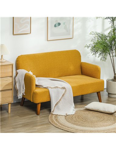 HOMCOM Velvet Feel Fabric 2 Seater Sofa, Small Sofa Loveseat with 21cm Thick Padding and Wood Legs, Yellow