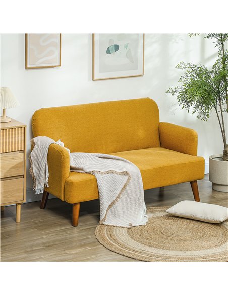 HOMCOM Velvet Feel Fabric 2 Seater Sofa, Small Sofa Loveseat with 21cm Thick Padding and Wood Legs, Yellow - pic 126760 | FastDaddyshop