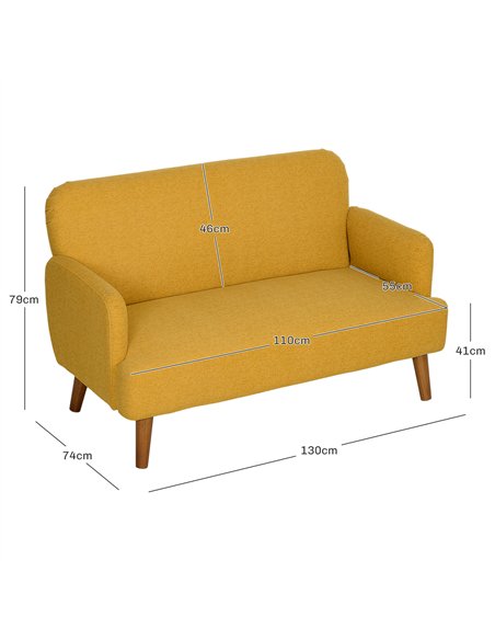 HOMCOM Velvet Feel Fabric 2 Seater Sofa, Small Sofa Loveseat with 21cm Thick Padding and Wood Legs, Yellow - pic 126761 | FastDaddyshop