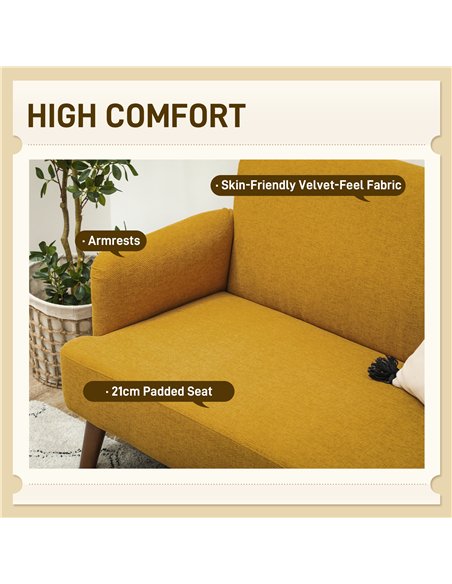 HOMCOM Velvet Feel Fabric 2 Seater Sofa, Small Sofa Loveseat with 21cm Thick Padding and Wood Legs, Yellow - pic 126762 | FastDaddyshop