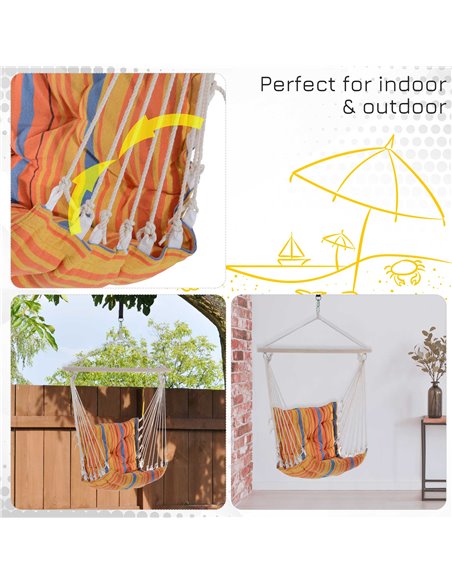 Outsunny Outdoor Hammock Hanging Rope Cushioned Chair Garden Yard Patio Swing Seat Wooden Cotton Cloth (Orange) - pic 12678 | FastDaddyshop