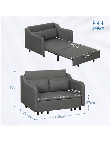 HOMCOM Two-Seater Pull-Out Sofa Bed - Grey
