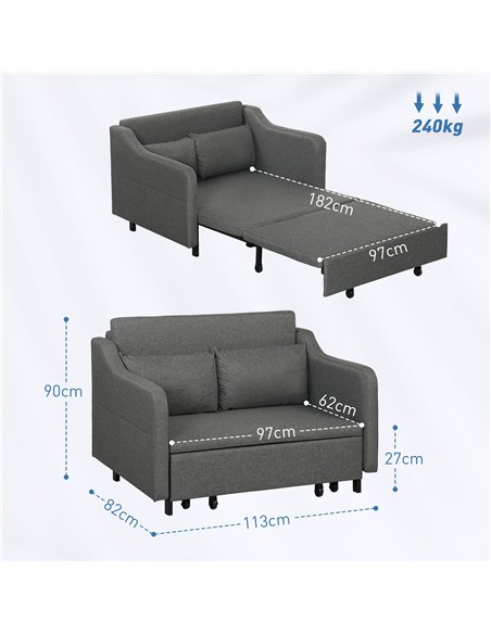 HOMCOM Two-Seater Pull-Out Sofa Bed - Grey - pic 126797 | FastDaddyshop