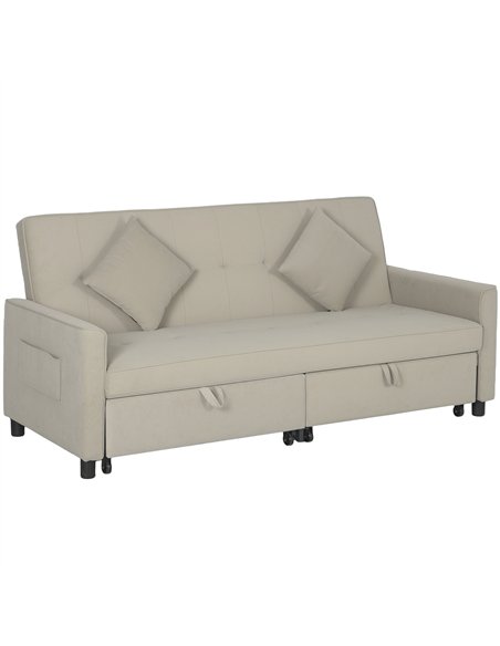 HOMCOM Three-Person Velvet-Feel Sofa Bed - Beige - pic 126813 | FastDaddyshop
