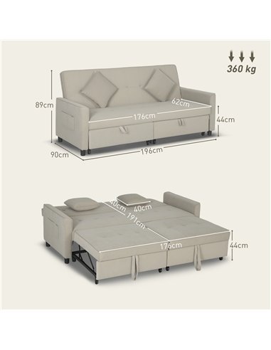 HOMCOM Three-Person Velvet-Feel Sofa Bed - Beige