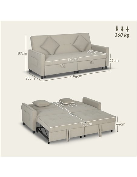 HOMCOM Three-Person Velvet-Feel Sofa Bed - Beige - pic 126815 | FastDaddyshop