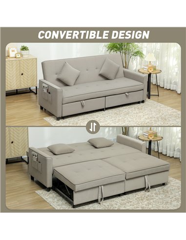 HOMCOM Three-Person Velvet-Feel Sofa Bed - Beige