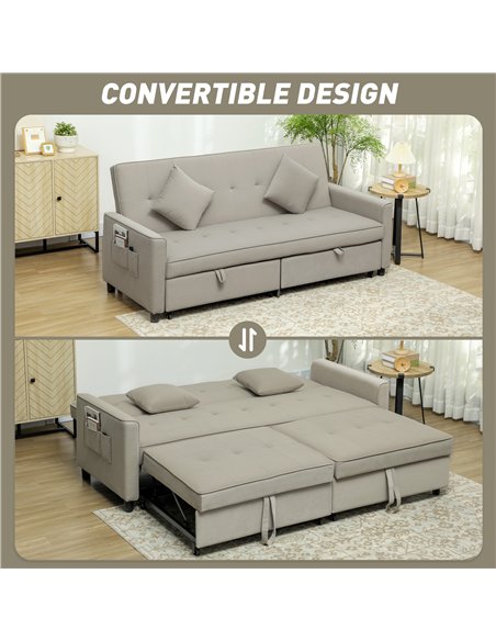 HOMCOM Three-Person Velvet-Feel Sofa Bed - Beige - pic 126816 | FastDaddyshop