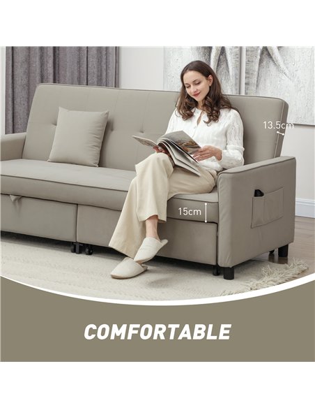 HOMCOM Three-Person Velvet-Feel Sofa Bed - Beige - pic 126819 | FastDaddyshop