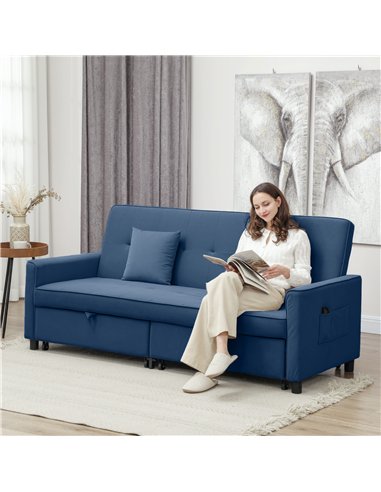 HOMCOM Three-Person Velvet-Feel Sofa Bed - Blue