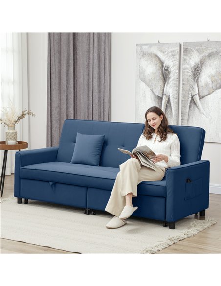 HOMCOM Three-Person Velvet-Feel Sofa Bed - Blue - pic 126823 | FastDaddyshop