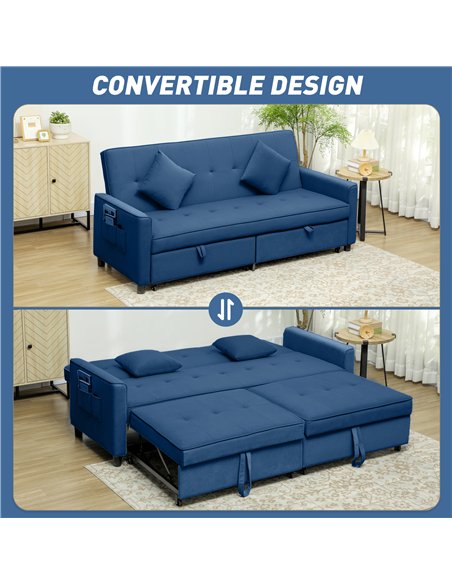 HOMCOM Three-Person Velvet-Feel Sofa Bed - Blue - pic 126825 | FastDaddyshop