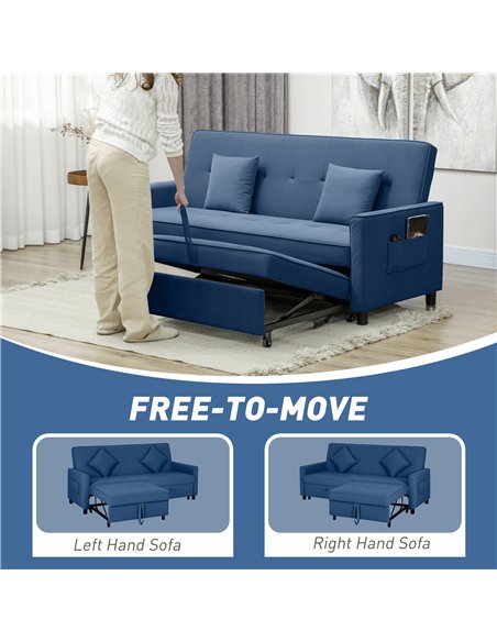 HOMCOM Three-Person Velvet-Feel Sofa Bed - Blue - pic 126826 | FastDaddyshop