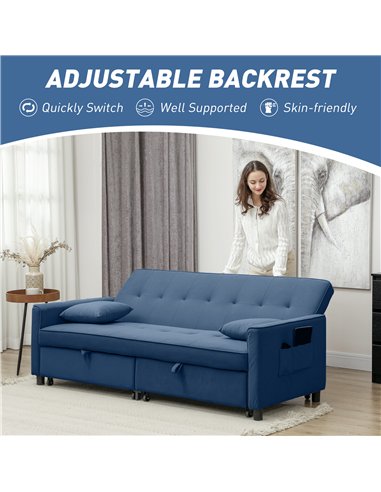 HOMCOM Three-Person Velvet-Feel Sofa Bed - Blue