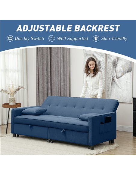 HOMCOM Three-Person Velvet-Feel Sofa Bed - Blue - pic 126827 | FastDaddyshop
