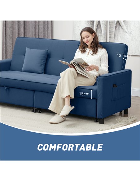 HOMCOM Three-Person Velvet-Feel Sofa Bed - Blue - pic 126828 | FastDaddyshop