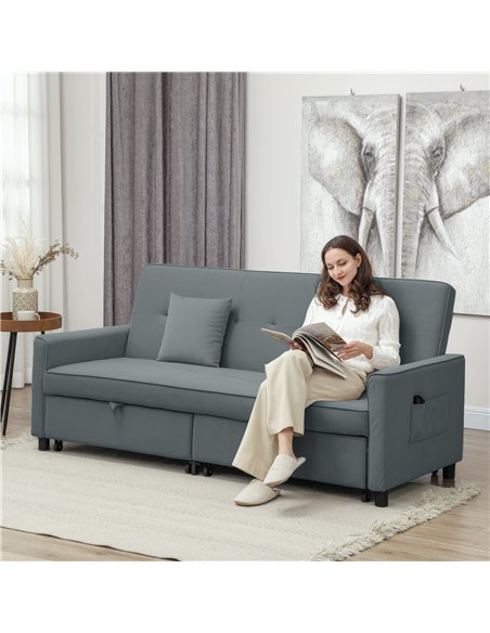 HOMCOM Three-Person Velvet-Feel Sofa Bed - Grey - pic 126832 | FastDaddyshop