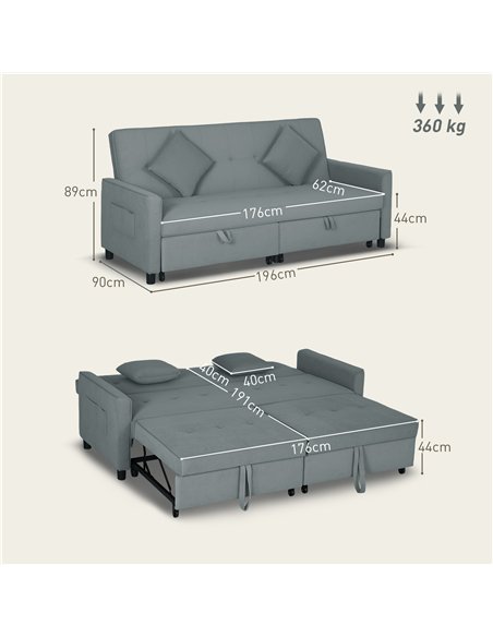 HOMCOM Three-Person Velvet-Feel Sofa Bed - Grey - pic 126833 | FastDaddyshop