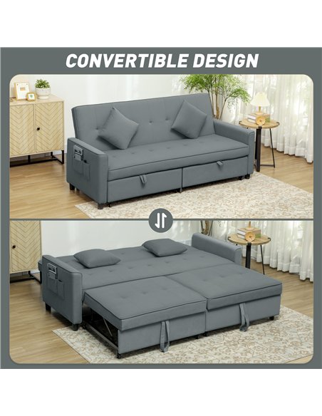 HOMCOM Three-Person Velvet-Feel Sofa Bed - Grey - pic 126834 | FastDaddyshop