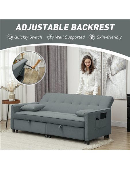 HOMCOM Three-Person Velvet-Feel Sofa Bed - Grey - pic 126836 | FastDaddyshop