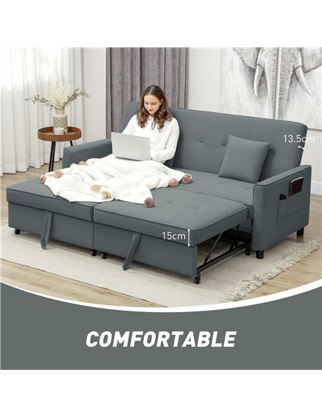 HOMCOM Three-Person Velvet-Feel Sofa Bed - Grey - pic 126837 | FastDaddyshop