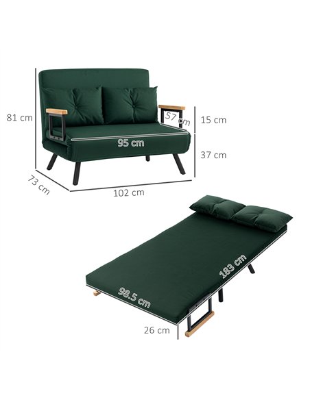 HOMCOM 4-in-1 Velvet-Feel Double Sofa Bed, with Pillows - Green - pic 126851 | FastDaddyshop