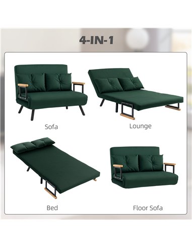 HOMCOM 4-in-1 Velvet-Feel Double Sofa Bed, with Pillows - Green