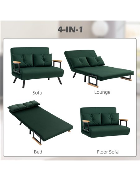 HOMCOM 4-in-1 Velvet-Feel Double Sofa Bed, with Pillows - Green - pic 126852 | FastDaddyshop