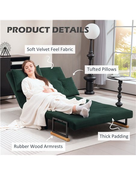 HOMCOM 4-in-1 Velvet-Feel Double Sofa Bed, with Pillows - Green - pic 126854 | FastDaddyshop