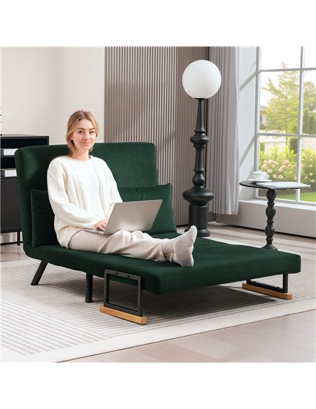 HOMCOM 4-in-1 Velvet-Feel Double Sofa Bed, with Pillows - Green - pic 126855 | FastDaddyshop