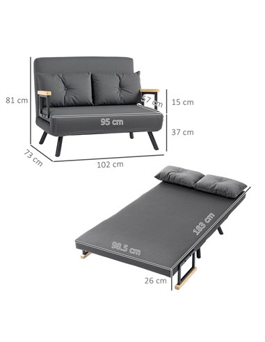 HOMCOM 4-in-1 Velvet-Feel Double Sofa Bed, with Pillows - Dark Grey
