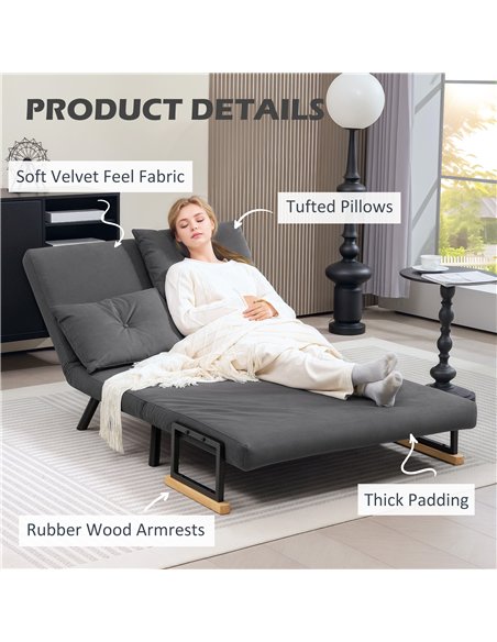 HOMCOM 4-in-1 Velvet-Feel Double Sofa Bed, with Pillows - Dark Grey - pic 126863 | FastDaddyshop