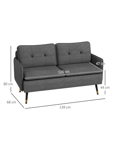 HOMCOM Modern Two Seater Sofa, Button Tufted Loveseat with Cushions and Steel Legs for Living Room, Guest Room, Dark Grey