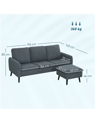 HOMCOM Corner Sofa with Reversible Chaise Lounge, Corduroy Fabric 3 Seater Sofa Settee for Living Room, L Shaped Couch with Scat