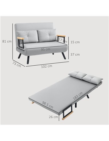 HOMCOM 4-in-1 Velvet-Feel Double Sofa Bed, with Pillows - Light Grey