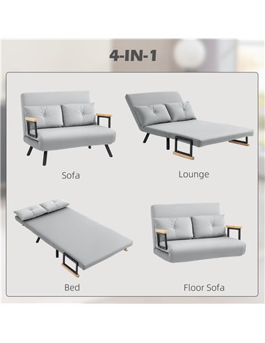 HOMCOM 4-in-1 Velvet-Feel Double Sofa Bed, with Pillows - Light Grey