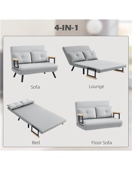 HOMCOM 4-in-1 Velvet-Feel Double Sofa Bed, with Pillows - Light Grey - pic 126888 | FastDaddyshop