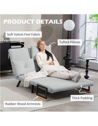 HOMCOM 4-in-1 Velvet-Feel Double Sofa Bed, with Pillows - Light Grey