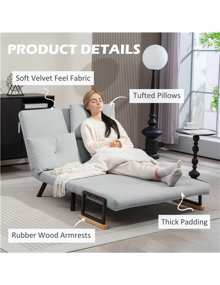 HOMCOM 4-in-1 Velvet-Feel Double Sofa Bed, with Pillows - Light Grey - pic 126890 | FastDaddyshop