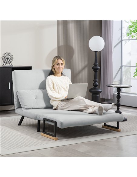 HOMCOM 4-in-1 Velvet-Feel Double Sofa Bed, with Pillows - Light Grey - pic 126891 | FastDaddyshop