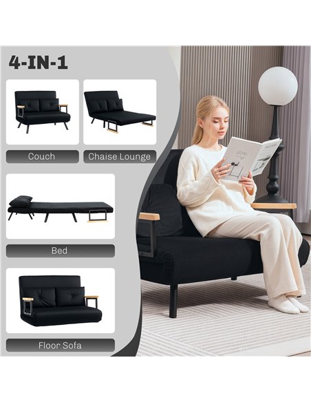 HOMCOM 4-in-1 Velvet-Feel Double Sofa Bed, with Pillows - Black - pic 126915 | FastDaddyshop