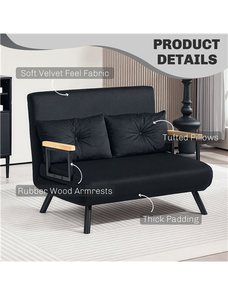 HOMCOM 4-in-1 Velvet-Feel Double Sofa Bed, with Pillows - Black - pic 126917 | FastDaddyshop