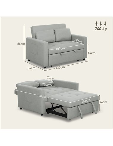 HOMCOM Velvet-Feel Two-Seater Sofa Bed - Light Grey