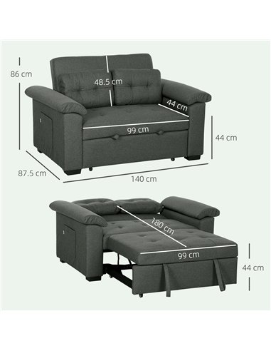 HOMCOM Pull Out Sofa Bed, Fabric 2 Seater Click Clack Sofa Bed Settee, Convertible Sofa Couch with 2 Pillows and Side Pockets fo