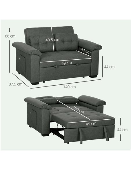 HOMCOM Pull Out Sofa Bed, Fabric 2 Seater Click Clack Sofa Bed Settee, Convertible Sofa Couch with 2 Pillows and Side Pockets fo - pic 126950 | FastDaddyshop