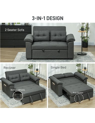 HOMCOM Pull Out Sofa Bed, Fabric 2 Seater Click Clack Sofa Bed Settee, Convertible Sofa Couch with 2 Pillows and Side Pockets fo