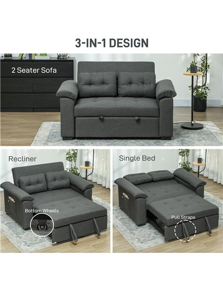 HOMCOM Pull Out Sofa Bed, Fabric 2 Seater Click Clack Sofa Bed Settee, Convertible Sofa Couch with 2 Pillows and Side Pockets fo - pic 126951 | FastDaddyshop